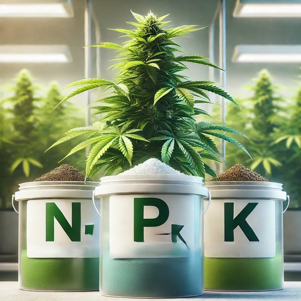 Ilustración de una planta de cannabis rodeada de fertilizantes etiquetados como N, P y K, representando nitrógeno, fósforo y potasio, en un entorno de cultivo interior.