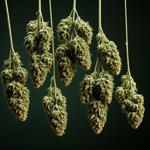 Cogollos de cannabis colgados para su secado en un entorno controlado.