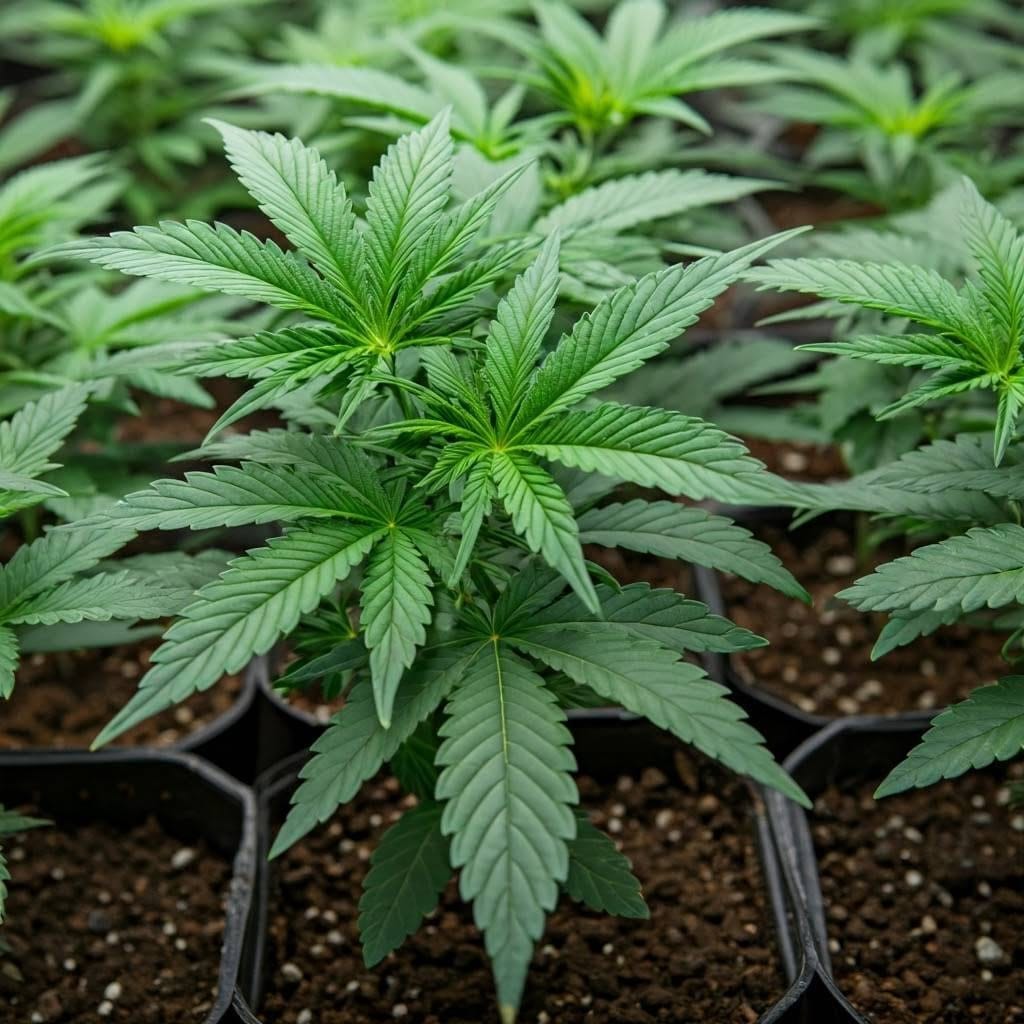 nutrición en crecimiento del cannabis: Plantas jóvenes de cannabis en macetas cuadradas durante la etapa de crecimiento en un cultivo interior.