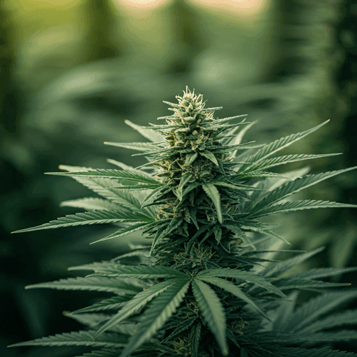 Primer plano de una planta de cannabis en etapa de floración, con fondo desenfocado que resalta el detalle de las hojas y los cogollos. se deben revisar los pistilos y los tricomas para saber cuando costar marihuana