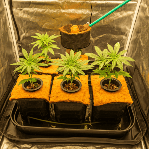 Sistema de cultivo hidropónico en etapa vegetativa con plantas jóvenes de cannabis en un armario interior.