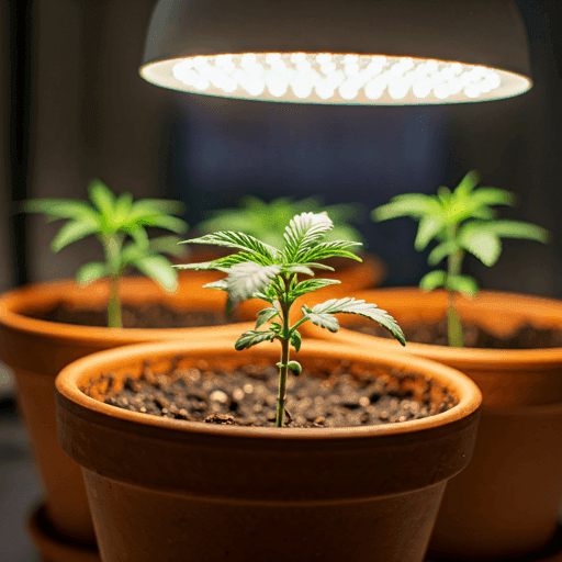 Plántulas de cannabis creciendo en macetas bajo una lámpara LED, en un entorno de cultivo interior controlado.