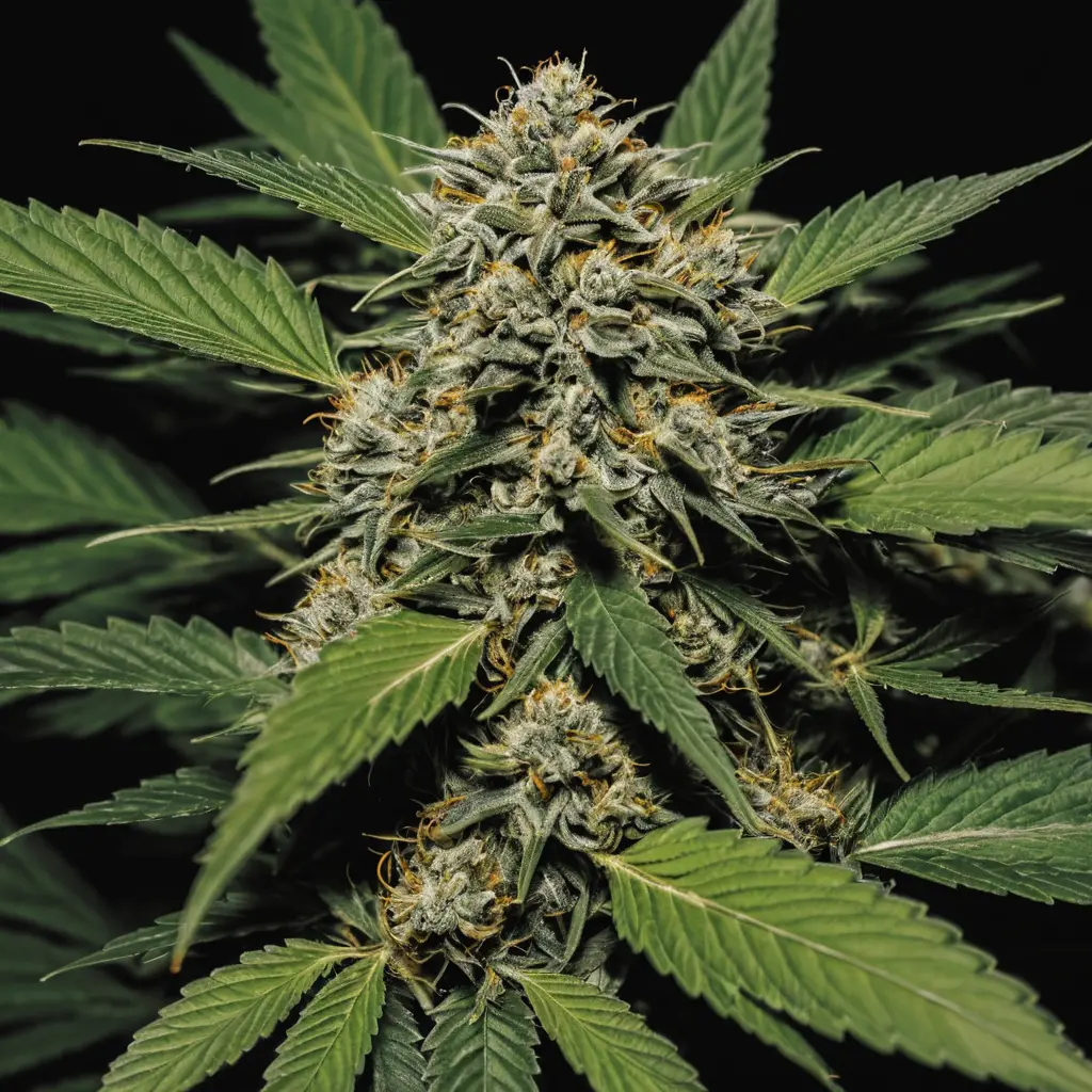 Primer plano de una planta de cannabis madura con cogollos densos y tricomas visibles, iluminada sobre un fondo oscuro. Hay que nspeccionar la planta para saber cuándo cortar marihuana