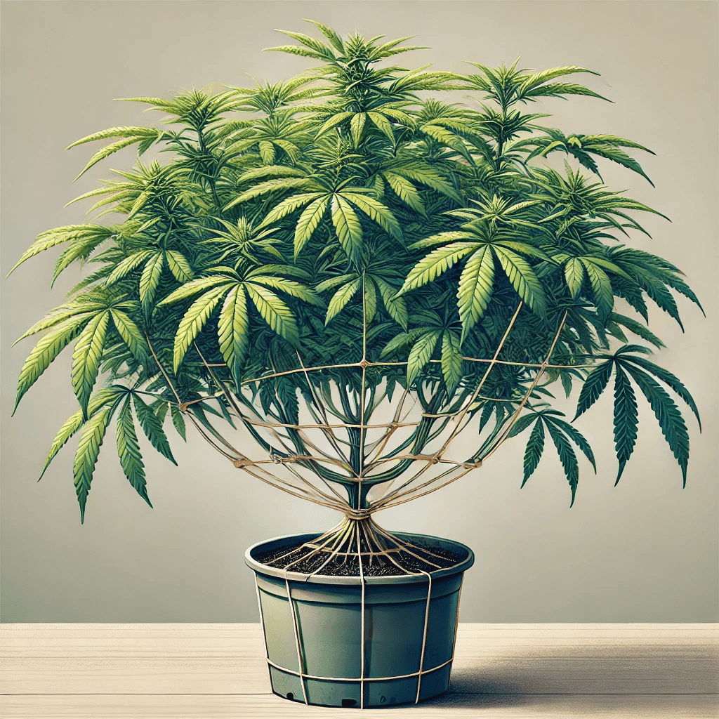 Low Stress Training en el cannabis: Planta de cannabis con técnica de entrenamiento LST en maceta.