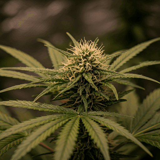 Fase de floración del cannabis: Planta de cannabis en etapa de floración, mostrando cogollos en desarrollo y pistilos blancos bajo luz controlada.
